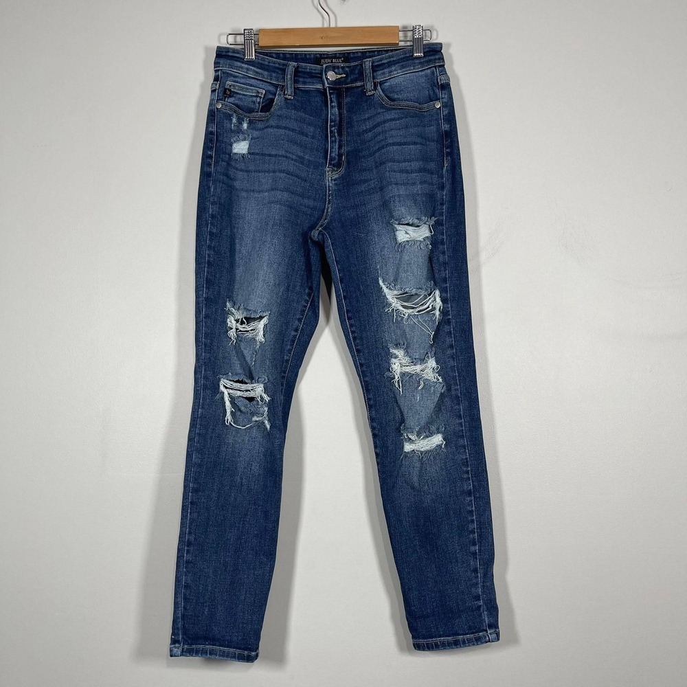 Judy Blue Boyfriend Fit Jean Womens 7/28 High Rise Dark Denim Destructed JB82156